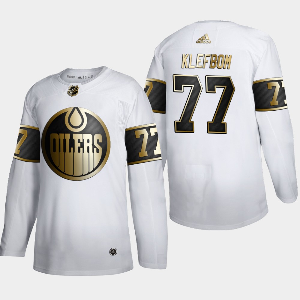 Cheap Edmonton Oilers 77 Oscar Klefblom Men Adidas White Golden Edition Limited Stitched NHL Jersey